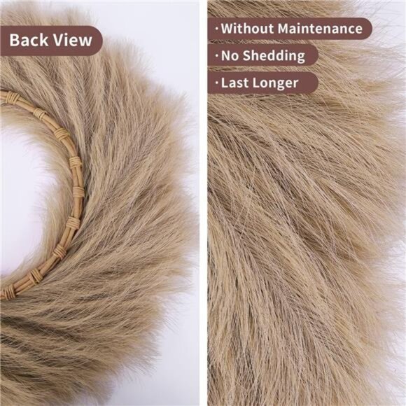 24'' Artificial Pampas Grass Boho Wreath for All Seasons, Light Brown Garland - Picture 4 of 6